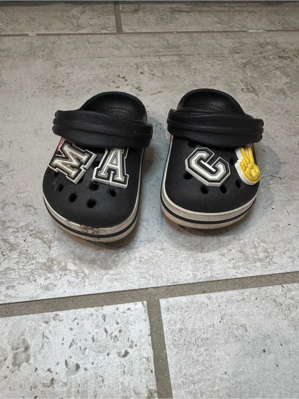 CROCS Black Kids Clogs with Letter and Yellow Charm